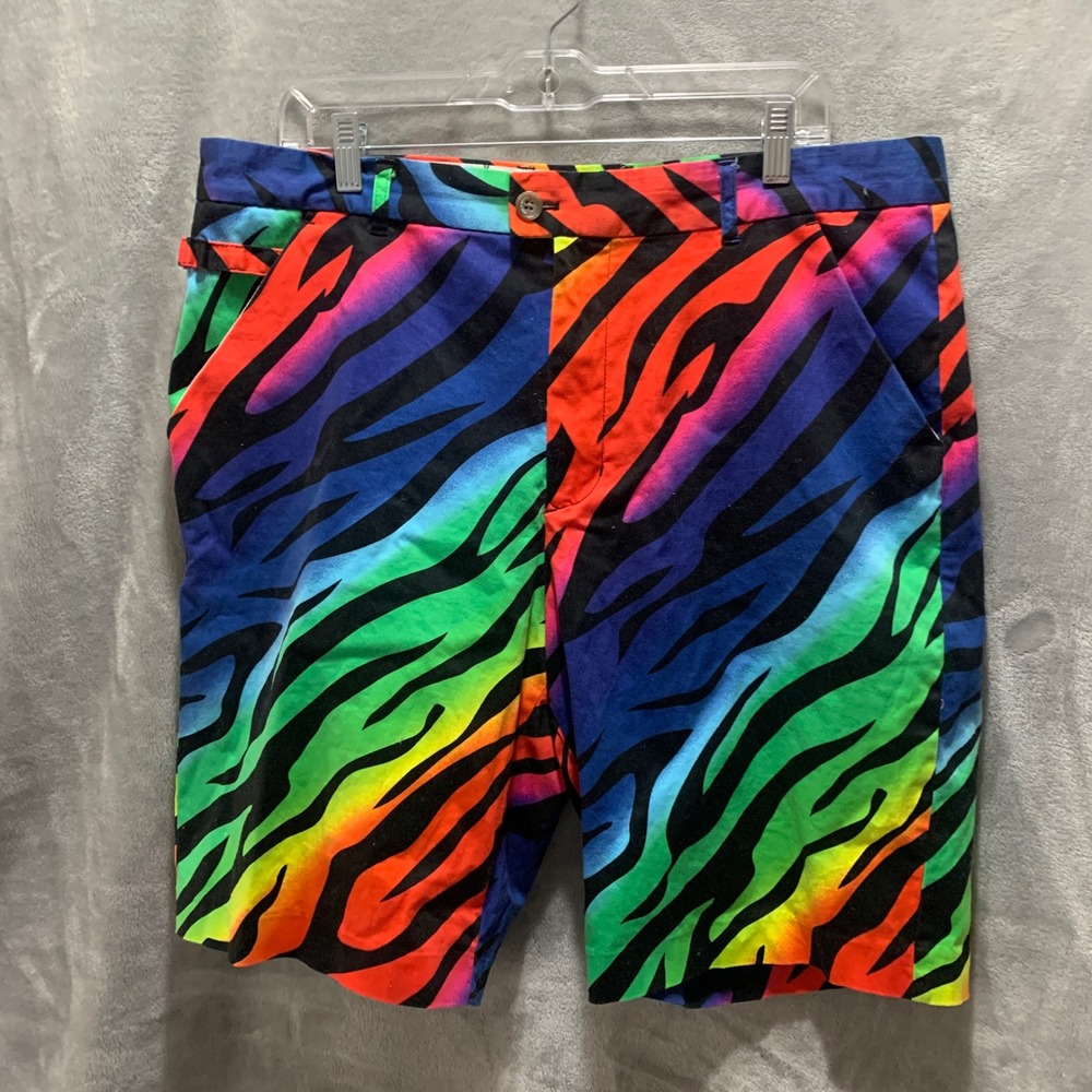 Royal & Awesome Mens Rainbow Zebra Golf Shorts Multi Color Neon DEW212 Size 38